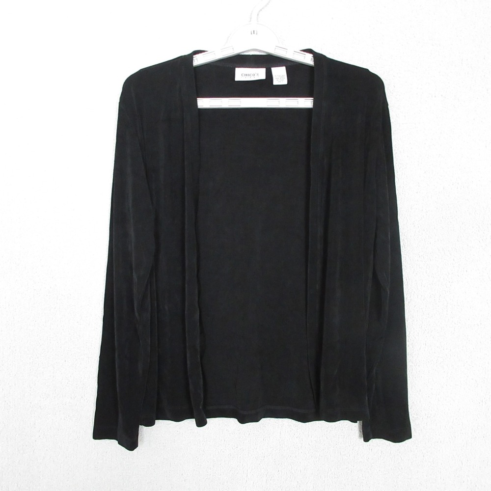 Chicos Travelers Black Open Front Cardigan Slinky Knit Size 1 M Long Sleeve USA